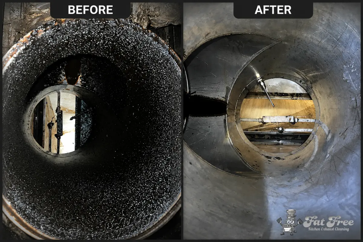 Before and after view inside a commercial kitchen exhaust duct cleaned by Fat Free KEC